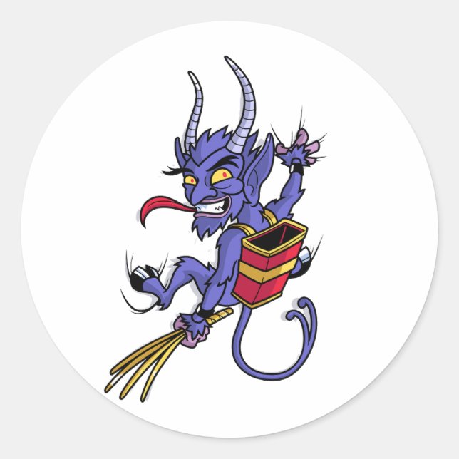 Sticker Rond Krampus arrive à Noël caricature illu personnage (Devant)