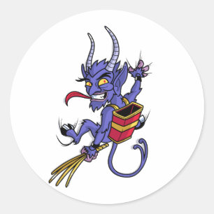 Sticker Rond Krampus arrive à Noël caricature illu personnage
