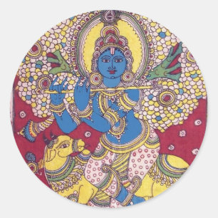 STICKER ROND KRISHNA AVEC PEINTURE KALAMKARI FLUTE