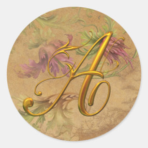 Sticker Rond KRW Vintage Floral Gold A Monogramme Mariage Seal