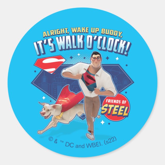 Sticker Rond Krypto & Superman - C'est Walk O'Clock ! (Devant)