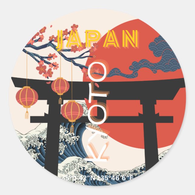 Sticker Rond Kyoto Japan Travel Art, Art Voyage Retro (Devant)