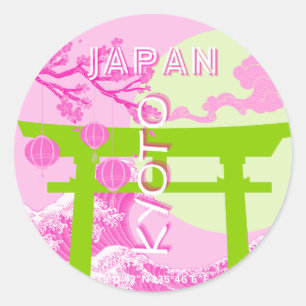 Sticker Rond Kyoto Japan Travel Art, Pink Travel Art