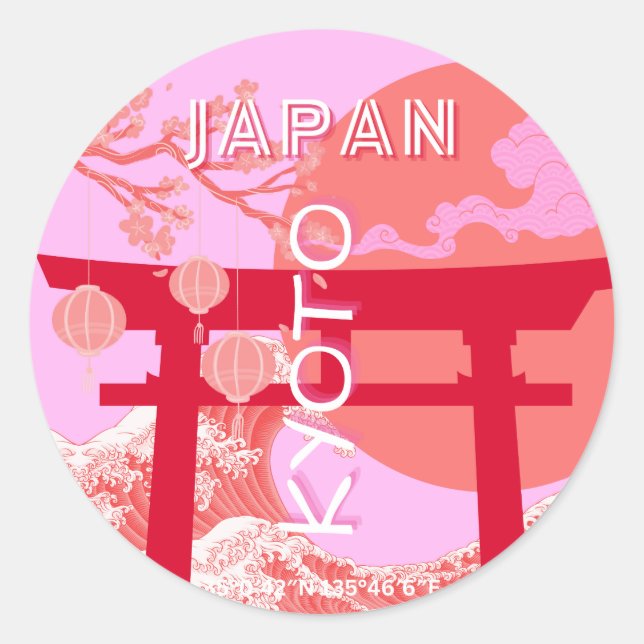 Sticker Rond Kyoto Japon Travel Art, Art de Voyage rose (Devant)