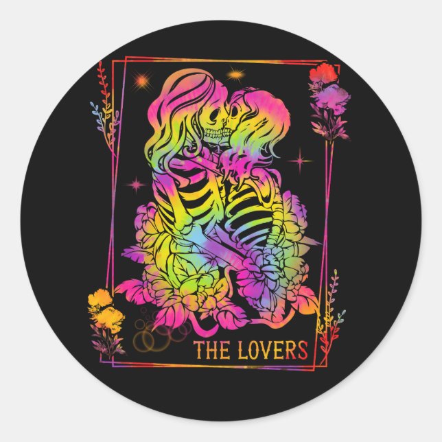 Sticker Rond La carte Tarot Lovers Goth Tie Dye Kissing Lesbian (Devant)
