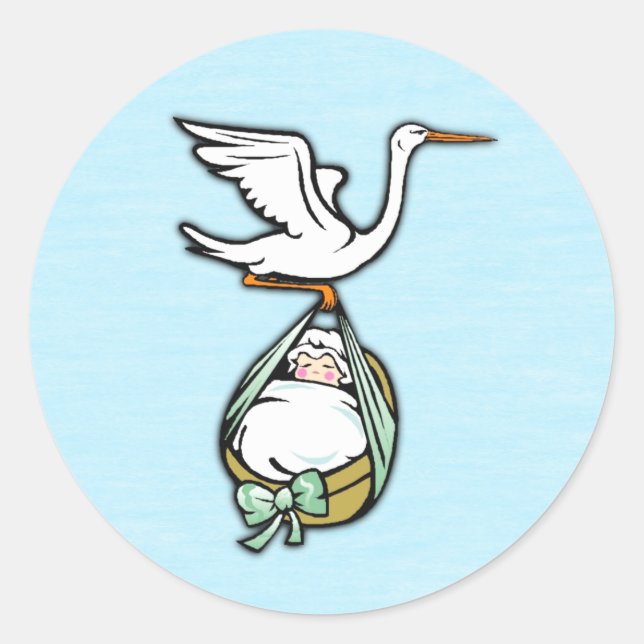 Sticker Rond La cigogne porte un bébé garçon bleu (Devant)