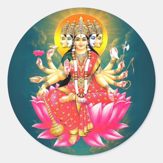 Sticker Rond La déesse Gayatri Devi sur Lotus Hindu Deity (Devant)