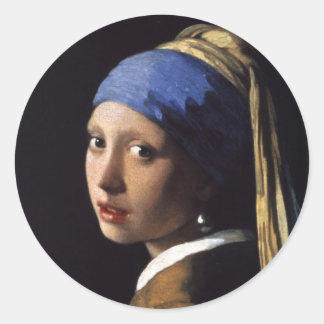 Sticker Rond La Fille Avec La Perle Écoutant