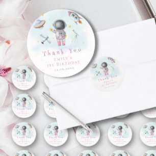 Sticker Rond La fille spatiale Astronaut roquettes roses étoile
