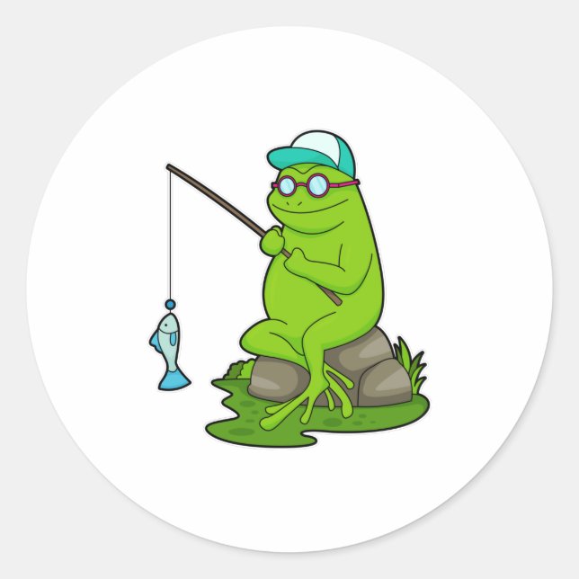 Sticker Rond La grenouille comme pêcheur avec la canne à pêche  (Devant)