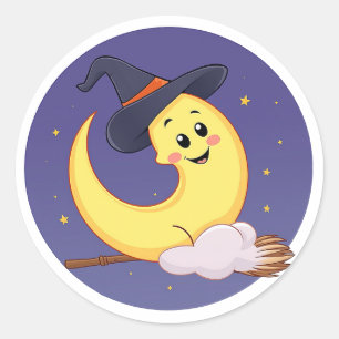 Sticker Rond La lune porte une sorcière casquette