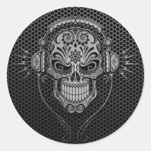 Sticker Rond La maille en acier DJ sucrent le crâne