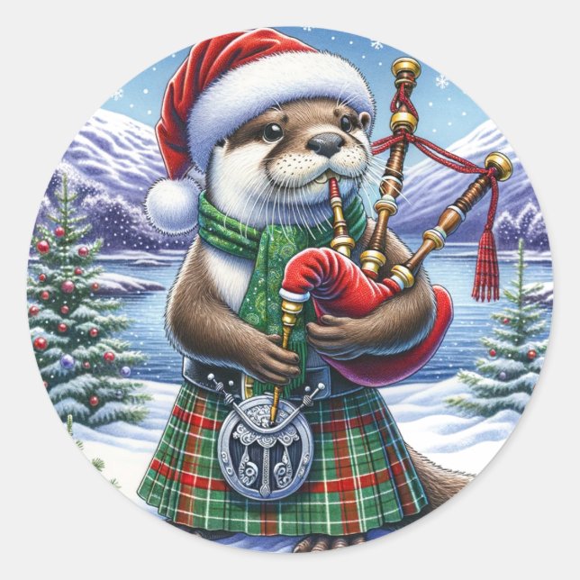 Sticker Rond La mignonne Otter de Noël écossaise (Devant)