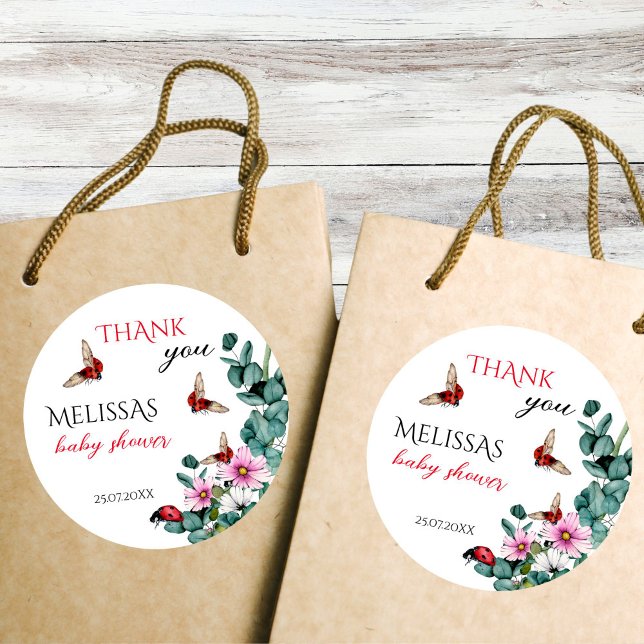 Sticker Rond La petite dame baby shower de la dame (Lady bug little lady spring summer girls baby shower thank you favor sticker)