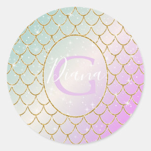 Sticker Rond La Petite Sirène. balance d'or sur rose, turqu