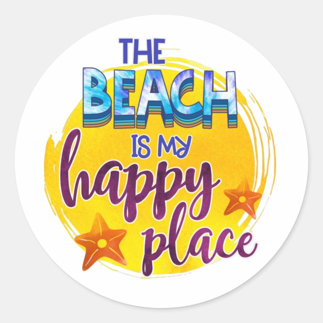 Sticker Rond La plage est mon Happy Place Citation Ocean Summer (Devant)