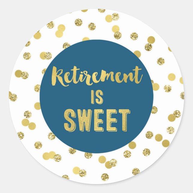 Sticker Rond La retraite Blue et Gold Confetti est douce (Devant)