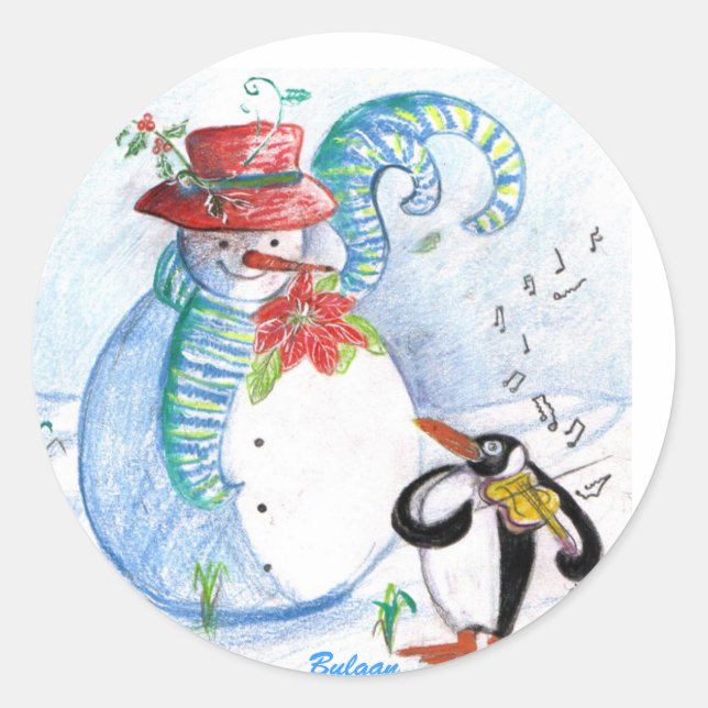 STICKER ROND LA SÉRÉNADE HIVERNALE DE SNOWMAN ET PENGUIN (Devant)
