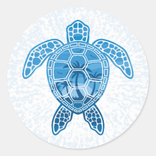 Sticker Rond La tortue de mer des îles tropicales en bleu