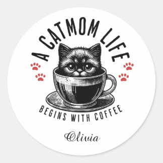 Sticker Rond La vie de maman de chat commence avec du café - pe