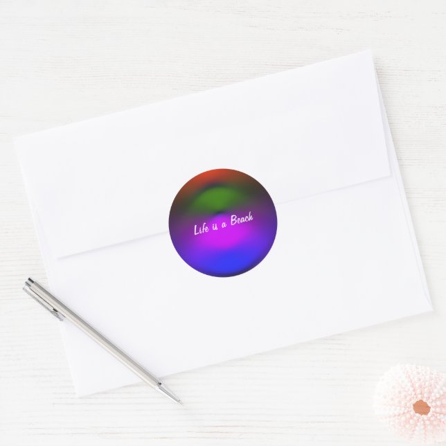 Sticker Rond La vie est bleu plage, violet, vert, orange (Enveloppe)
