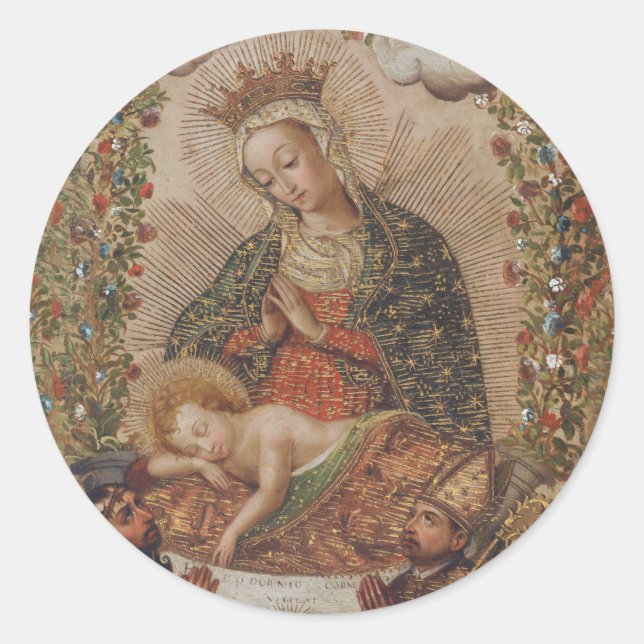Sticker Rond La Vierge adorant le Christ Enfant Noël (Devant)