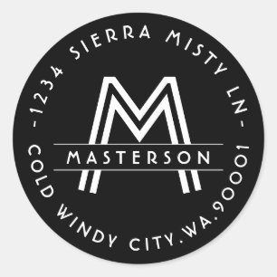 Sticker Rond Label d'adresse de retour Art déco noir et blanc