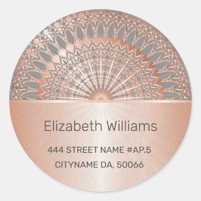 Sticker Rond Label Rose Gold Gray Mandala Address (Devant)