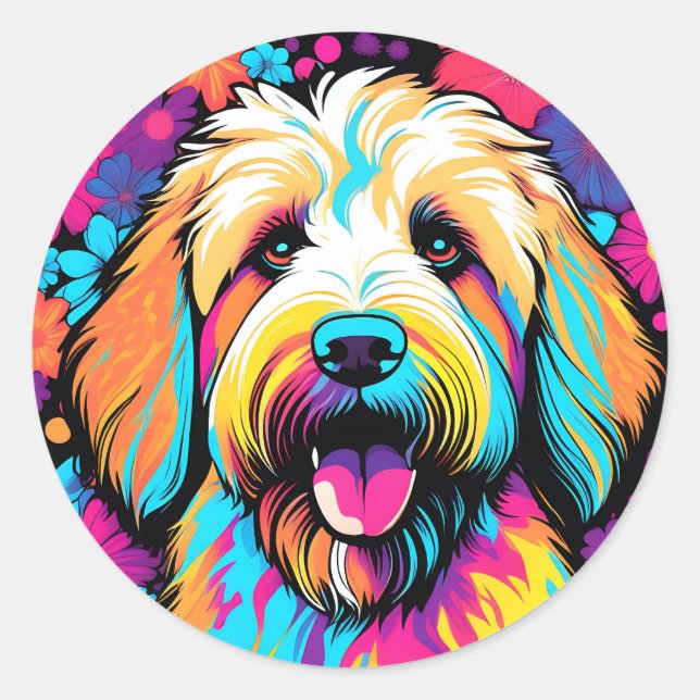 Sticker Rond Labradoodle Pop Art Chien Avec Fleurs (Devant)