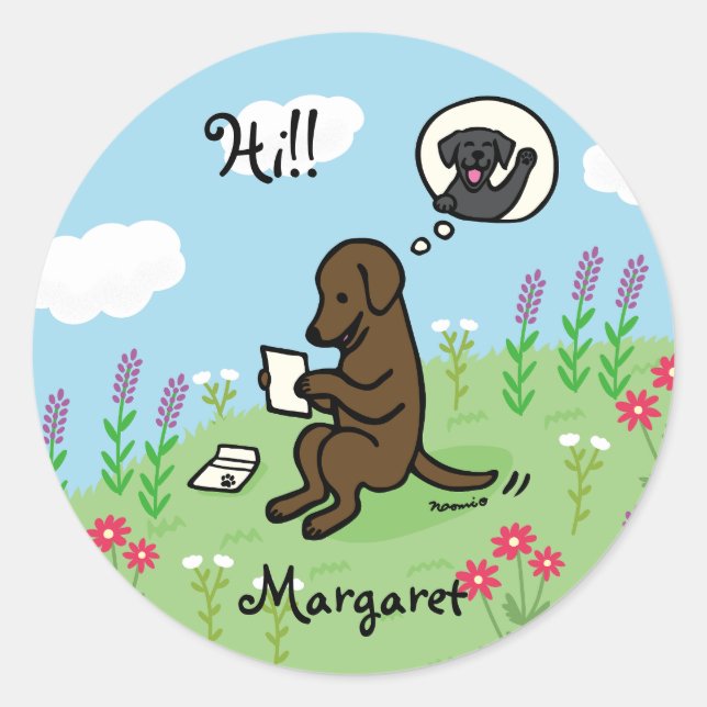 Sticker Rond Labrador au chocolat et lettre d'un ami (Devant)