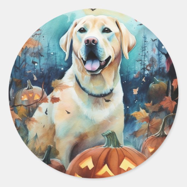Sticker Rond Labrador Halloween avec la peur Citrouille (Devant)