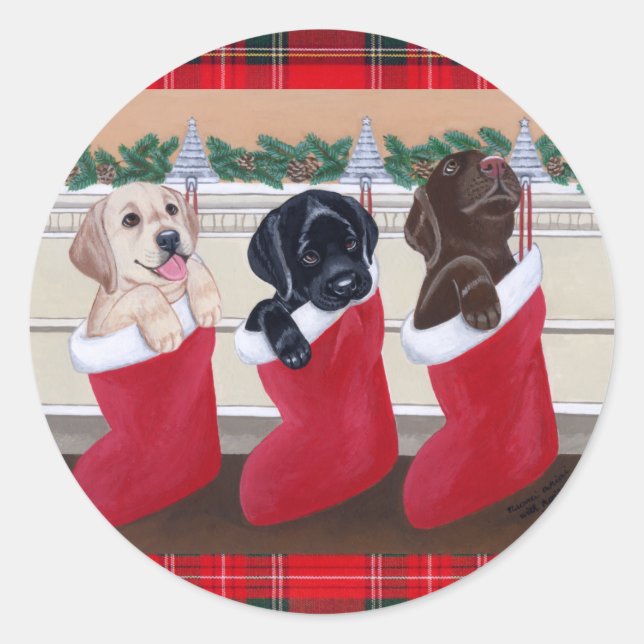Sticker Rond Labrador Retriever Puppies peinture de Noël (Devant)