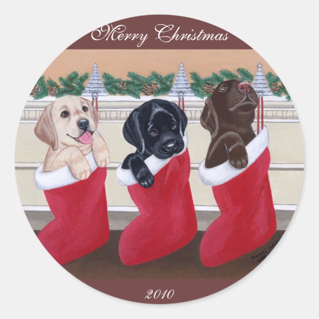 Sticker Rond Labrador Retriever Puppies peinture de Noël (Devant)