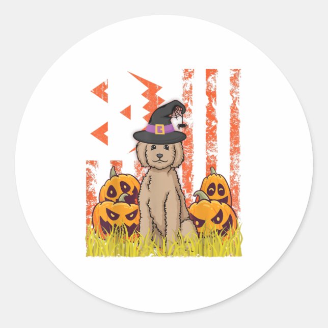 Sticker Rond Labradordoodle Chien Sorcière Danser Citrouille Ha (Devant)