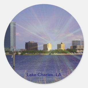 Sticker Rond Lac Charles, LA Skyline avec Sunburst