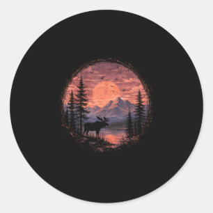 Sticker Rond Lac de la lune de l'orignal montagne forêt sauvage
