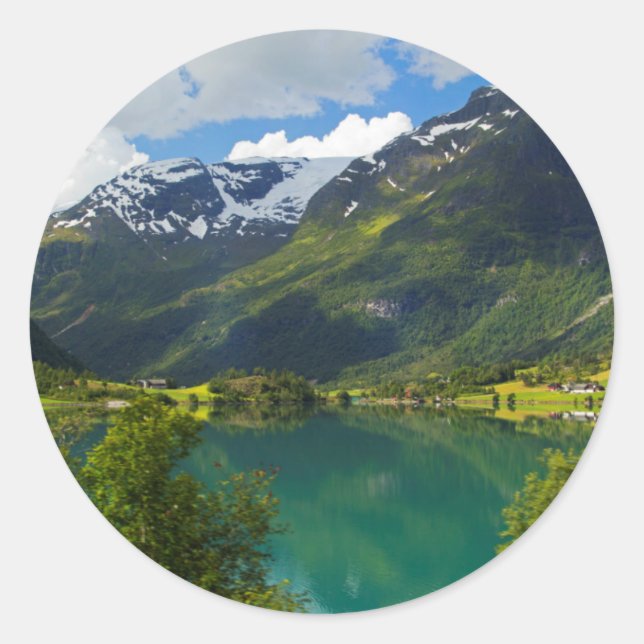 Sticker Rond Lac Floen pittoresque, Norvège (Devant)