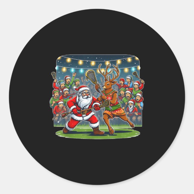 Sticker Rond Lacrosse Player Christmas Santa Reindeer Playing L (Devant)
