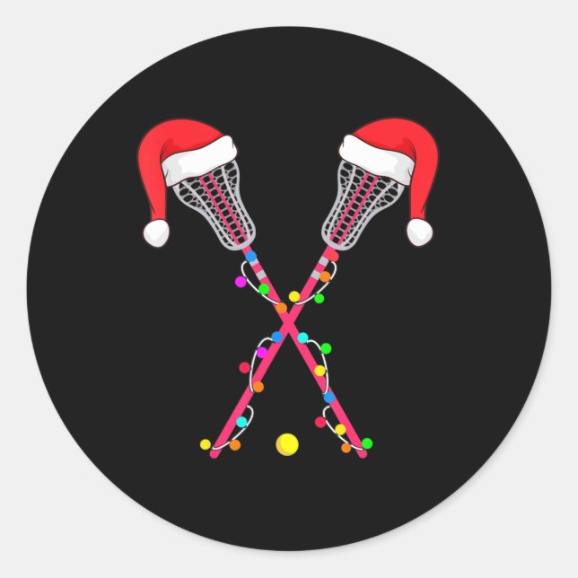 Sticker Rond Lacrosse Santa Hat Noël Lumières Amusants Sport No (Devant)