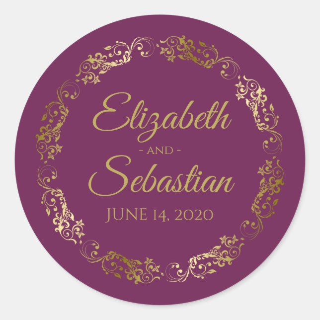 Sticker Rond Lacy Gold Filigree Elegant Cassis Purple Mariage (Devant)