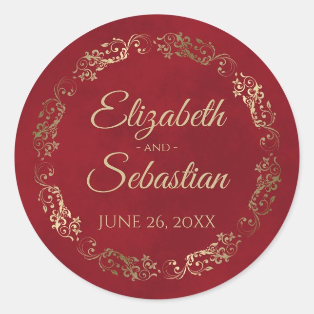 Sticker Rond Lacy Gold Filigree Elegant Crimson Mariage rouge (Devant)