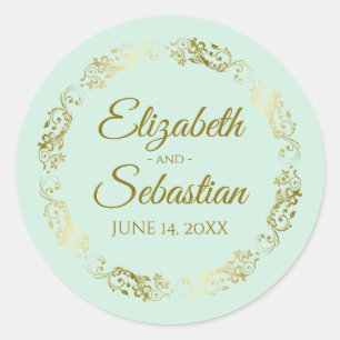 Sticker Rond Lacy Gold Filigree Elegant Neo Mint Green Mariage