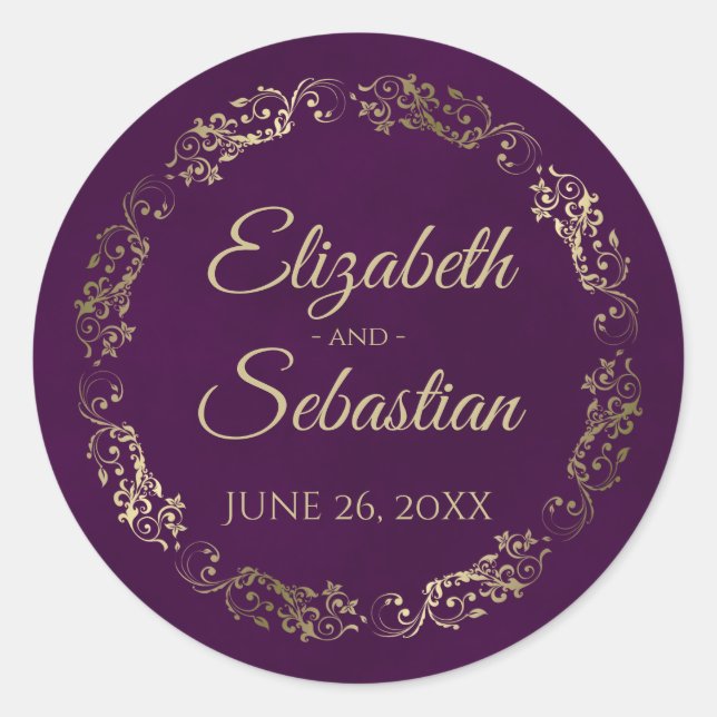 Sticker Rond Lacy Gold Filigree Elegant Plum Purple Mariage (Devant)