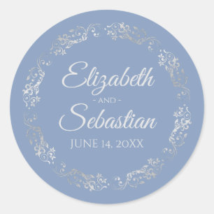 Sticker Rond Lacy Silver Filigree Élégant Mariage bleu clair