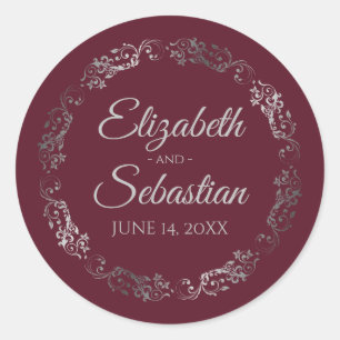 Sticker Rond Lacy Silver Filigree Élégant Mariage Bourgogne