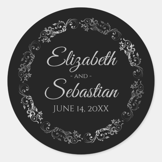 Sticker Rond Lacy Silver Filigree Élégant Mariage noir (Devant)