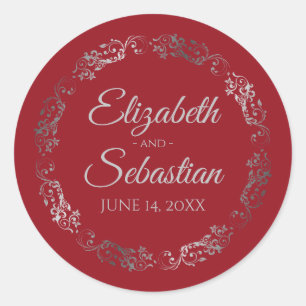 Sticker Rond Lacy Silver Filigree Élégant Mariage rouge