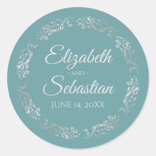 Sticker Rond Lacy Silver Filigree Elégant Mariage Turquoise