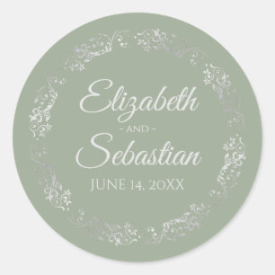 Sticker Rond Lacy Silver Filigree Élégant Mariage Vert Sage