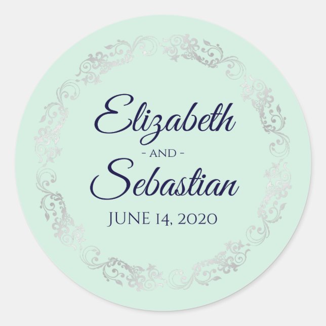 Sticker Rond Lacy Silver Filigree Elegant Navy sur Mint Mariage (Devant)